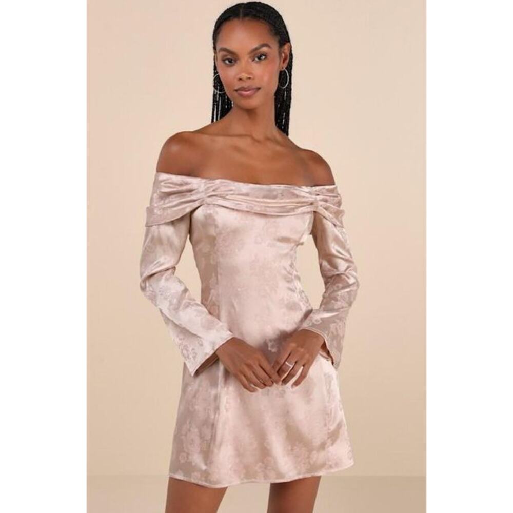 05‎ Lulus Truly Yours Satin Jacquard Off Shoulder Dress Blush Pink Size M NWT
